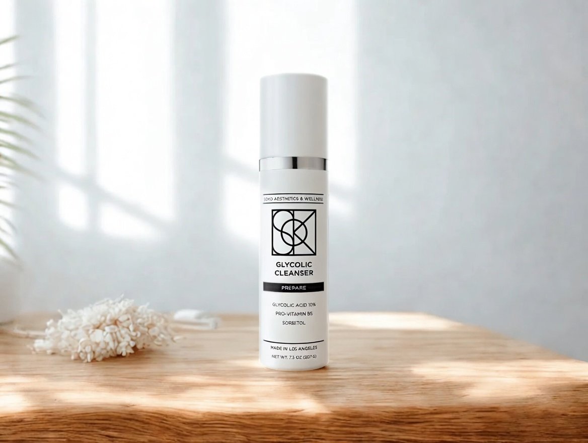 Glycolic Cleanser bottle on wooden table with natural light, premium Soko exfoliating cleanser with 10% glycolic acid and pro-vitamin B5 for radiant, smooth, hydrated skin